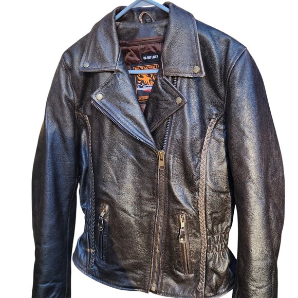 Milwaukee Leather Women’s L Brown Motorcycle Jacket Zip-Out Liner Braided Stud D - Picture 1 of 12